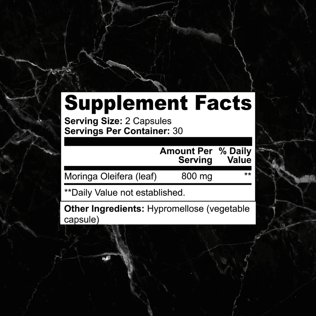 Supplement facts label for Moringa Pure Mood Enhancer showing 800mg of Moringa Oleifera per serving in vegetable capsules.