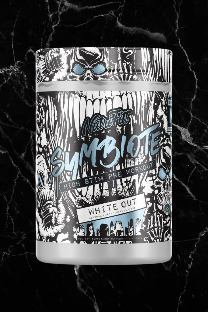Nutrifitt Symbiote Extreme Pre-Workout in White Out flavor with bold black and white comic-style label, designed for intense workout stimulation.