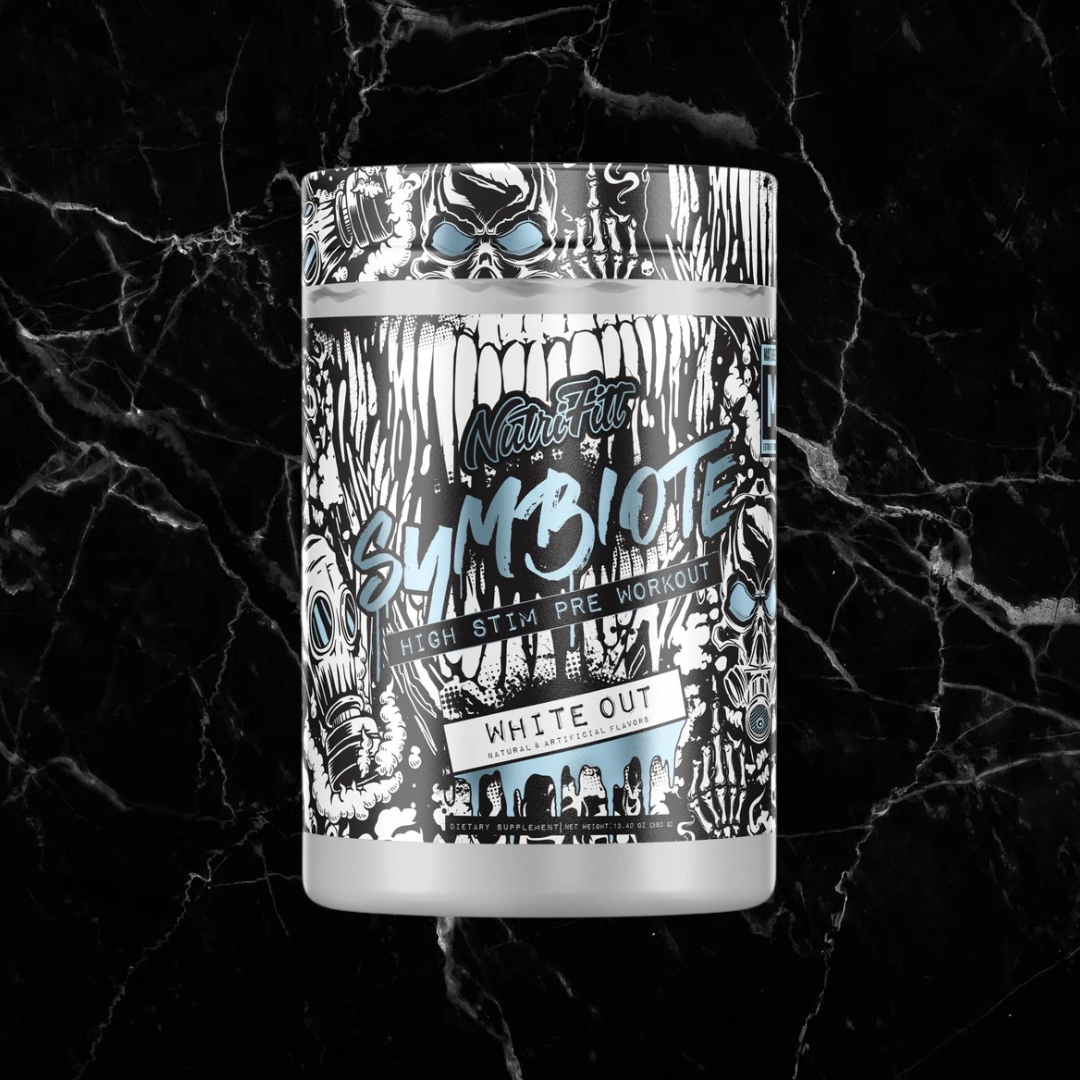 Nutrifitt Symbiote Extreme Pre-Workout in White Out flavor with bold black and white comic-style label, designed for intense workout stimulation.
