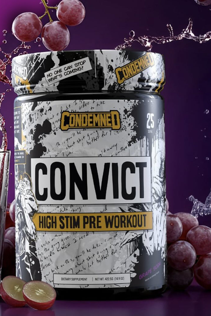 CONDEMNED Convict High Stim Pre Workout in Grape flavor with intense energy and focus formula, ideal for athletes seeking performance boost.