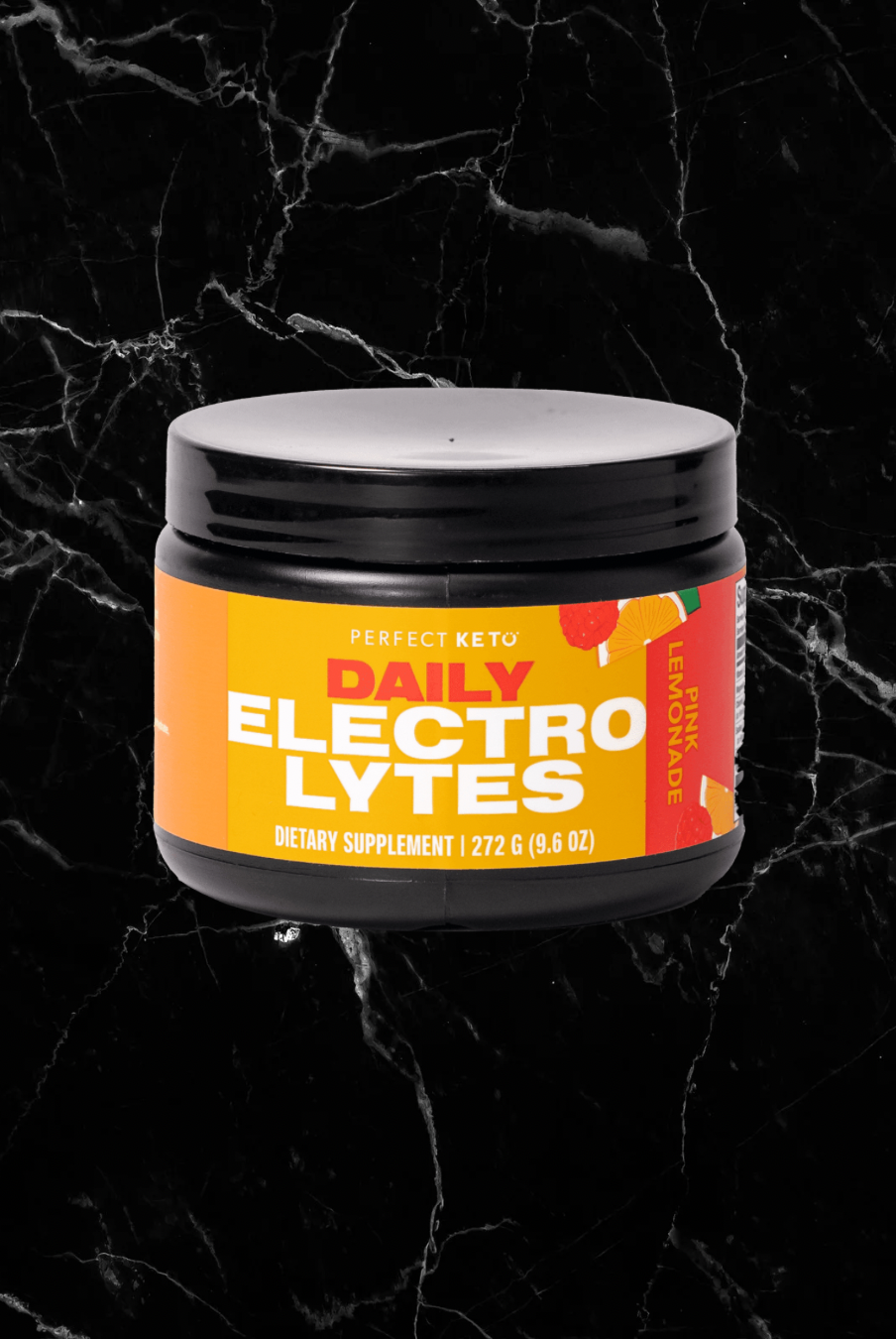 Perfect Keto Electrolytes Pink Lemonade flavor jar with vibrant yellow and pink label, keto-friendly supplement with 45 servings per container.