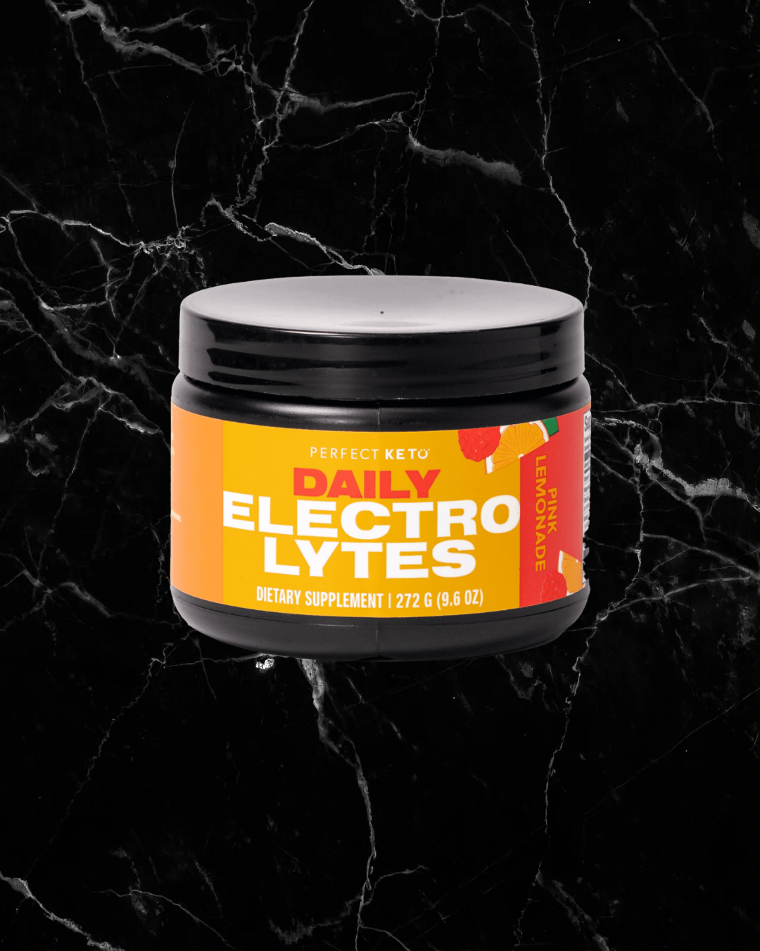 Perfect Keto Electrolytes Pink Lemonade flavor jar with vibrant yellow and pink label, keto-friendly supplement with 45 servings per container.