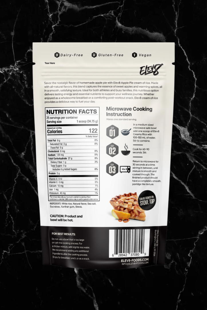 ELEV8 Creamy Rice Apple Pie back packaging with detailed nutrition info and microwave cooking guide for fitness-focused users.