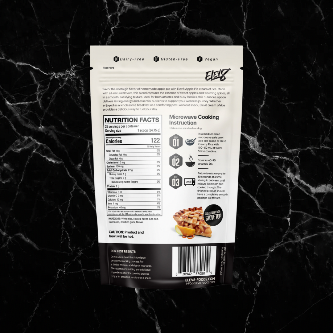 ELEV8 Creamy Rice Apple Pie back packaging with detailed nutrition info and microwave cooking guide for fitness-focused users.