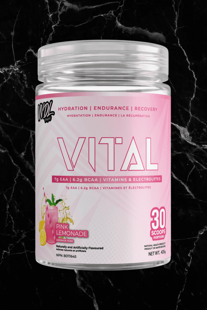 VNDL Project Vital Pink Lemonade flavor EAA BCAA Hydration Recovery powder with 30 servings for enhanced workout recovery and hydration.