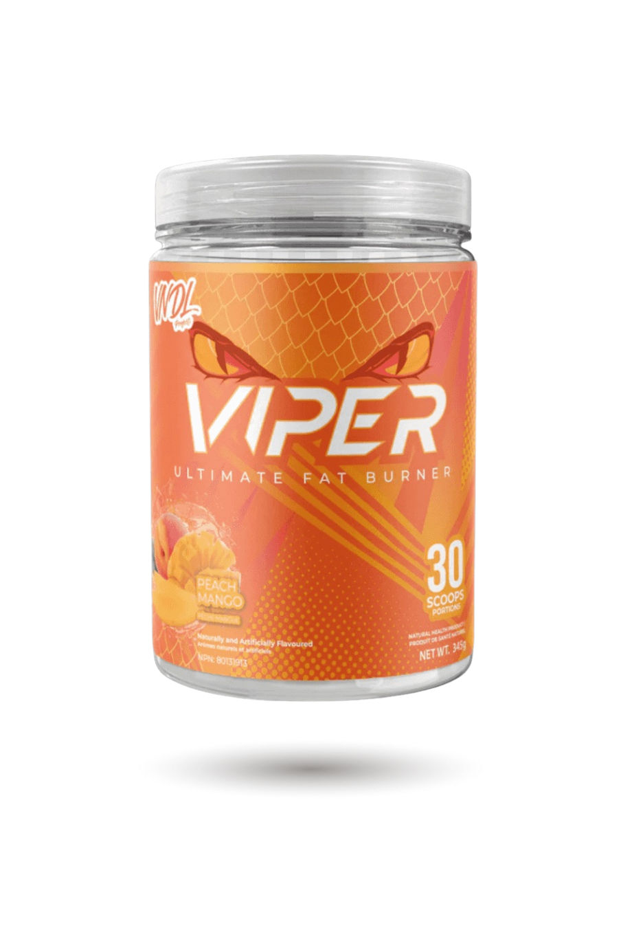 VNDL Project Viper Peach Mango thermogenic fat burner with 30 servings, formulated to enhance focus, metabolism, and fat loss support.