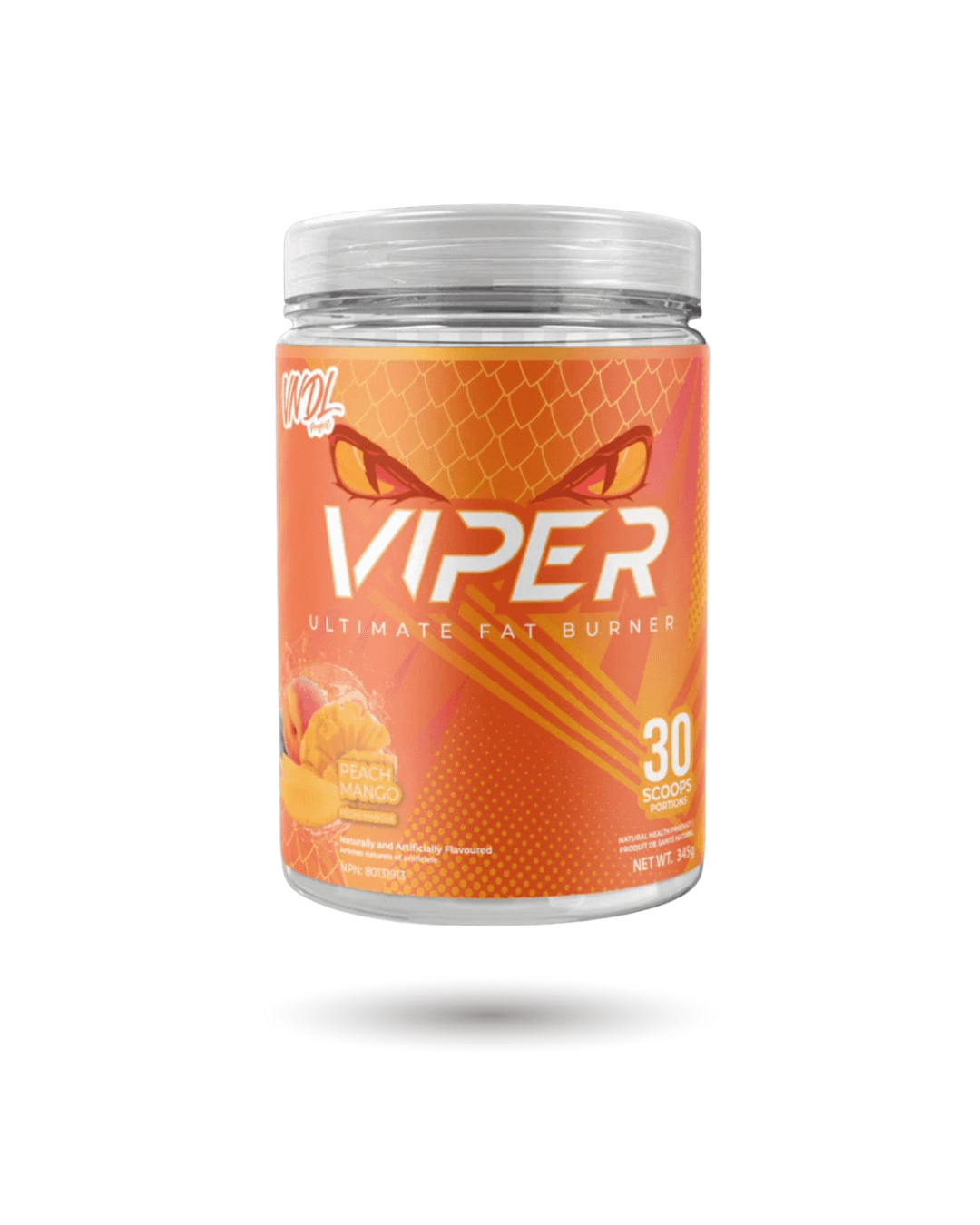 VNDL Project Viper Peach Mango thermogenic fat burner with 30 servings, formulated to enhance focus, metabolism, and fat loss support.