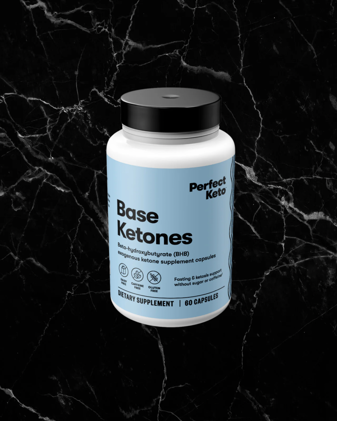 Perfect Keto Beta-Hydroxybutyrate (BHB) Exogenous Ketones Capsules on black marble background. Supports fasting, energy, and ketosis.