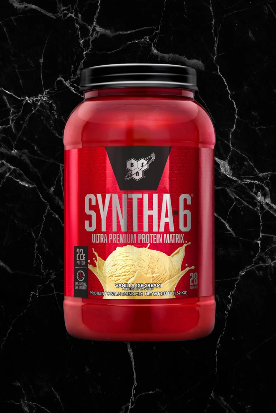 BSN SYNTHA-6 Whey Protein Matrix in Vanilla Ice Cream flavor, 28 servings, supports muscle building with 22g protein per scoop.