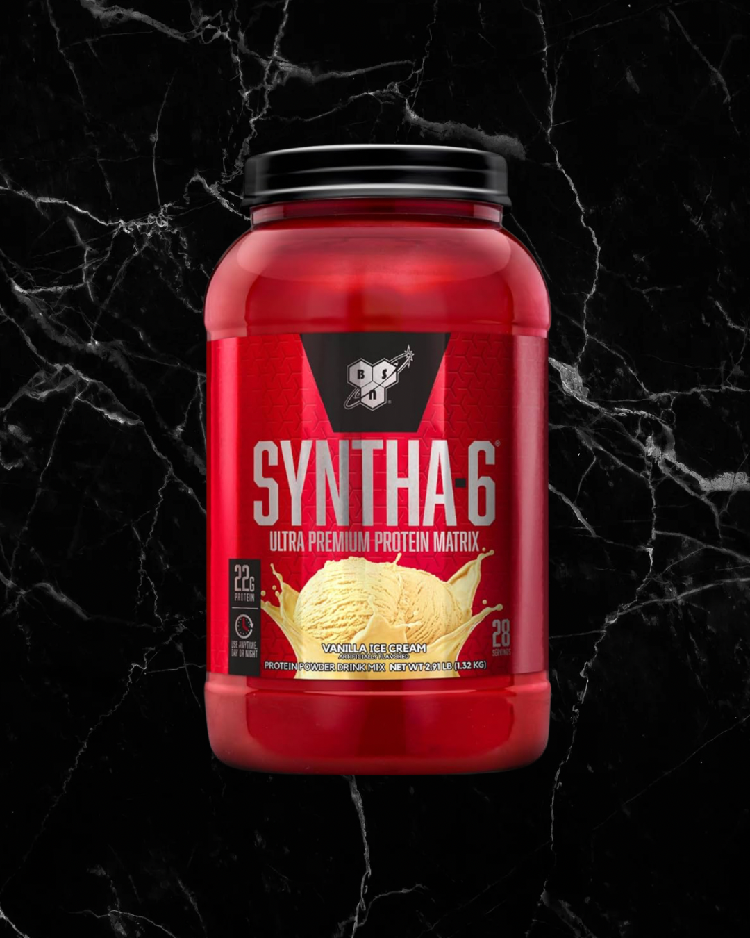 BSN SYNTHA-6 Whey Protein Matrix in Vanilla Ice Cream flavor, 28 servings, supports muscle building with 22g protein per scoop.