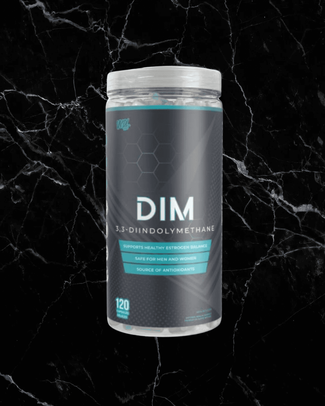 VNDL Project DIM 3,3-Diindolylmethane supplement bottle with 120 capsules for estrogen support. Bulk DIM supplements for men and women’s wellness.