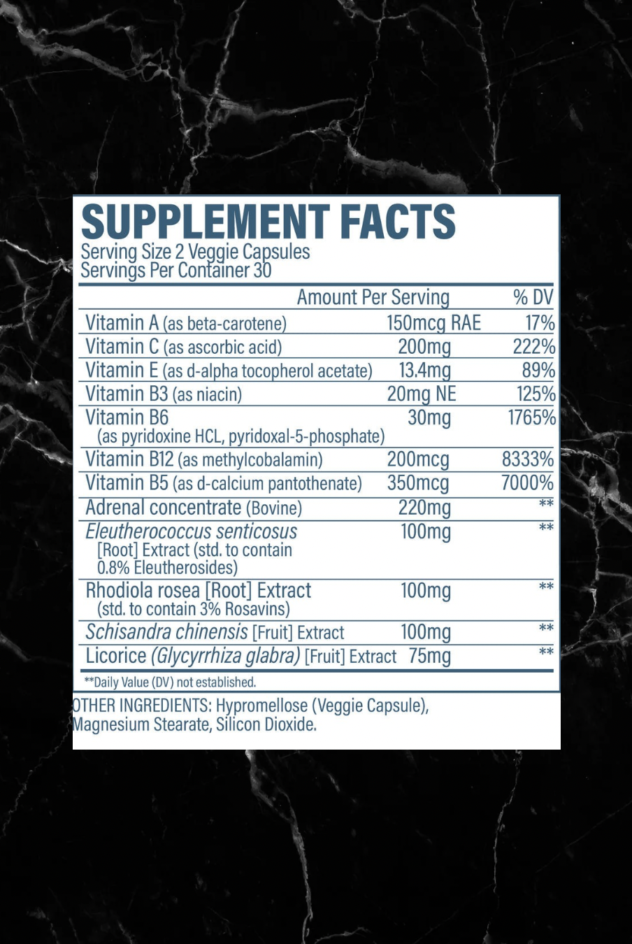 Supplement facts label for AdrenalCORE stress support supplement, listing vitamins and adaptogenic herbs like ashwagandha and rhodiola.