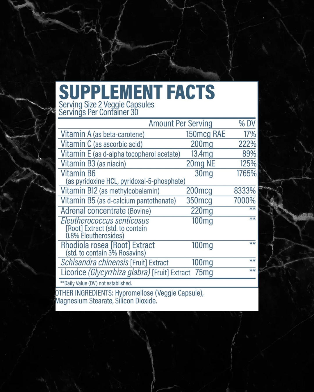 Supplement facts label for AdrenalCORE stress support supplement, listing vitamins and adaptogenic herbs like ashwagandha and rhodiola.