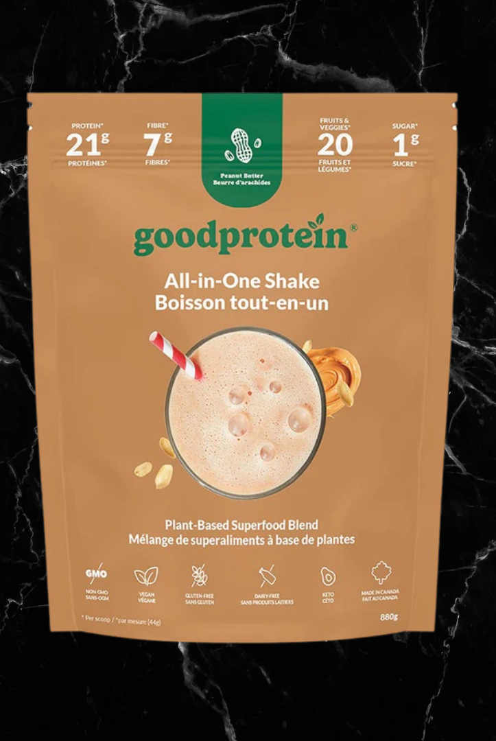 goodprotein Plant Blend Peanut Butter Milkshake flavor, vegan protein shake with 21g protein and 20 fruits & vegetables, in a tan pouch for fitness supplements.