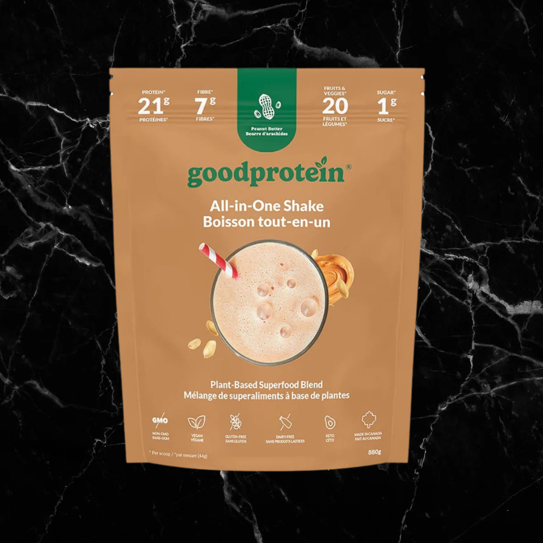 goodprotein Plant Blend Peanut Butter Milkshake flavor, vegan protein shake with 21g protein and 20 fruits & vegetables, in a tan pouch for fitness supplements.
