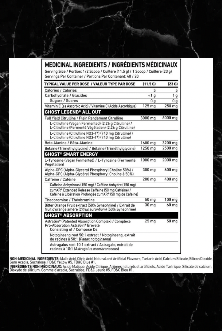 Supplement facts label of Ghost Legend All Out Pre Workout showing full ingredient breakdown including L-Citrulline, Beta-Alanine, and Caffeine.