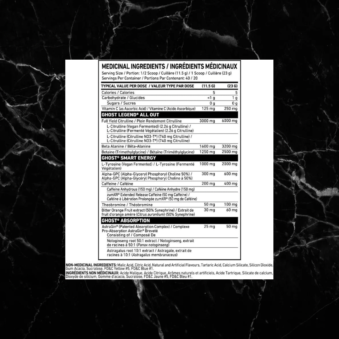 Supplement facts label of Ghost Legend All Out Pre Workout showing full ingredient breakdown including L-Citrulline, Beta-Alanine, and Caffeine.