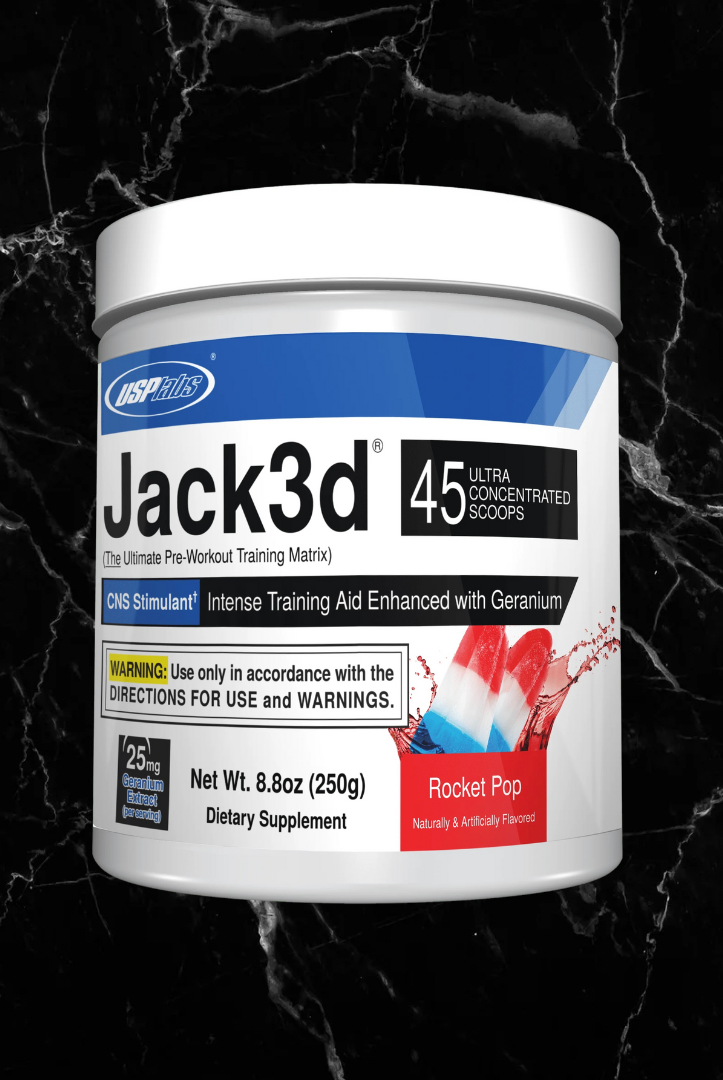 USP Labs Jack3d DMHA Pre-Workout Rocket Pop flavor, 45 servings. Extreme energy and focus formula for advanced fitness performance.
