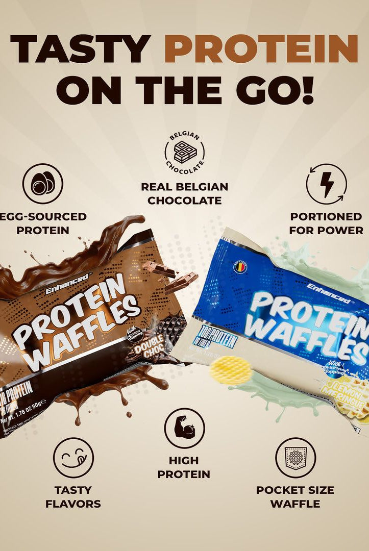 Enhanced Protein Waffles in Double Chocolate and Lemon Meringue flavors, high protein snacks with real Belgian chocolate and egg-sourced protein.