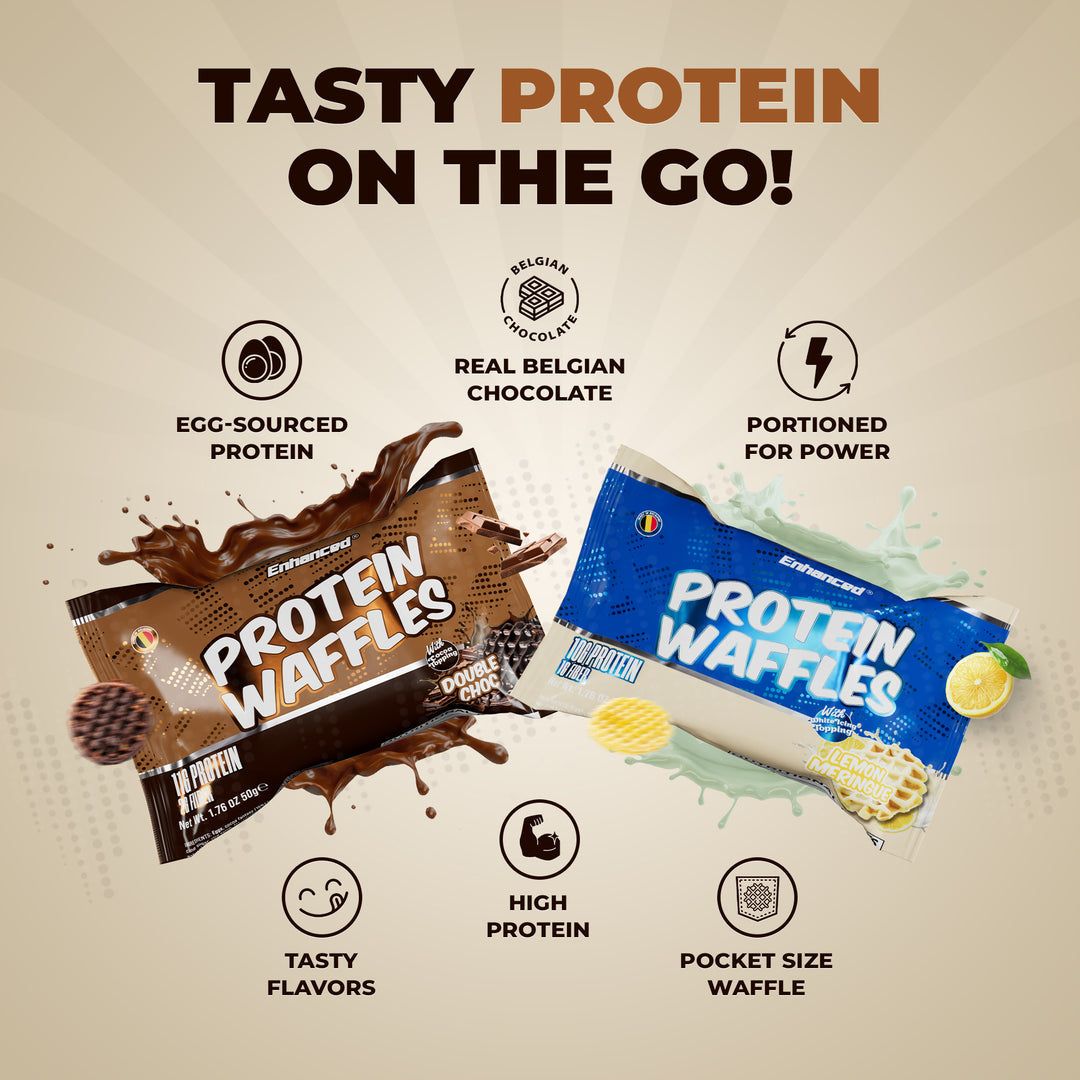 Enhanced Protein Waffles in Double Chocolate and Lemon Meringue flavors, high protein snacks with real Belgian chocolate and egg-sourced protein.
