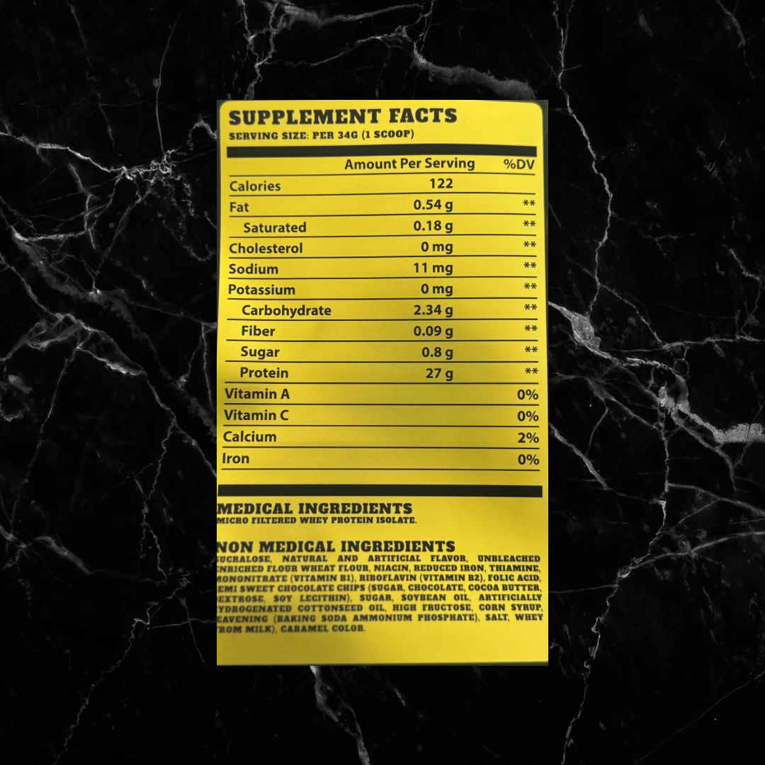 Supplement facts label for BulkBully Isolate Protein - Cookies Ahoy flavor. Highlights 27g protein per serving with low fat and carbs.