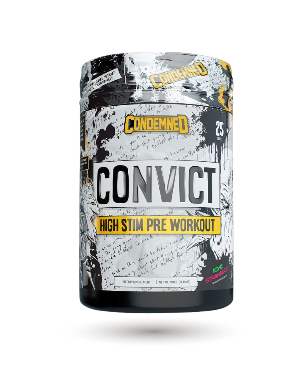 Kiwi Strawberry Condemned Convict Pre-Workout, high stim supplement supporting energy, pumps, and endurance for peak training sessions.