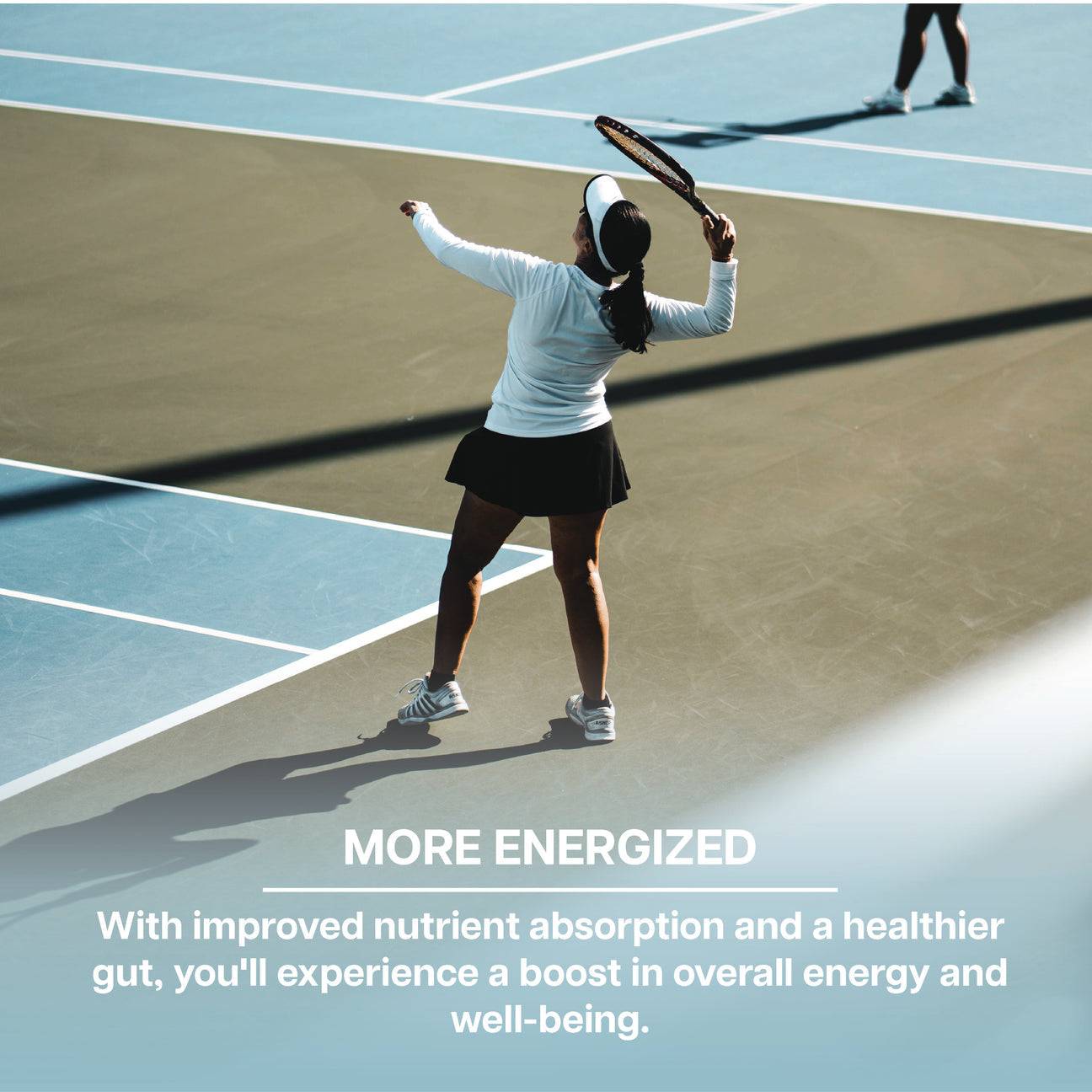Woman playing tennis, representing increased energy and wellness from improved gut health with Revive Zinc Carnosine supplement.