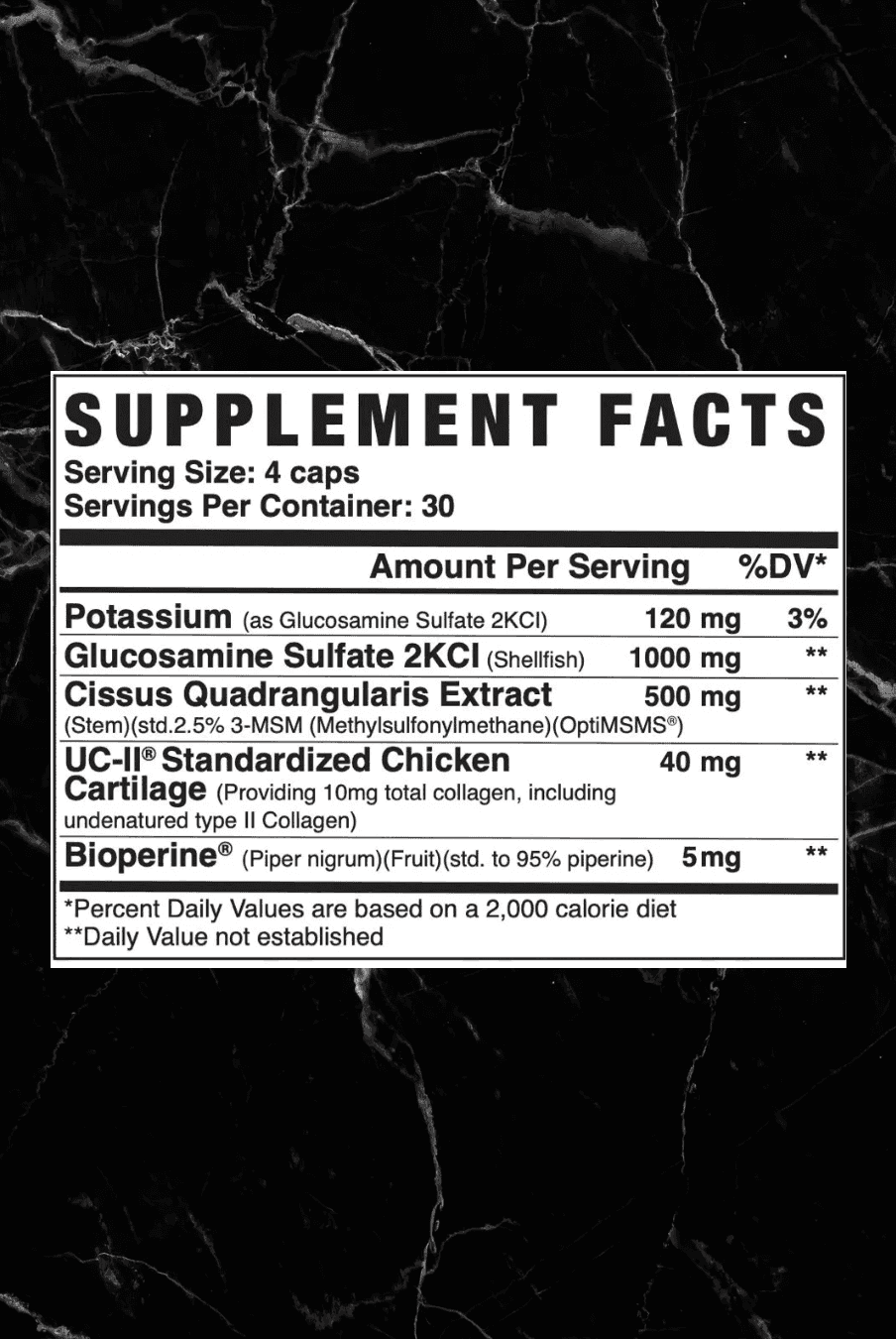 Supplement facts label of Axe & Sledge Joint+ showing ingredients like Glucosamine, OptiMSM®, UC-II® Collagen, and BioPerine® for joint repair and comfort.