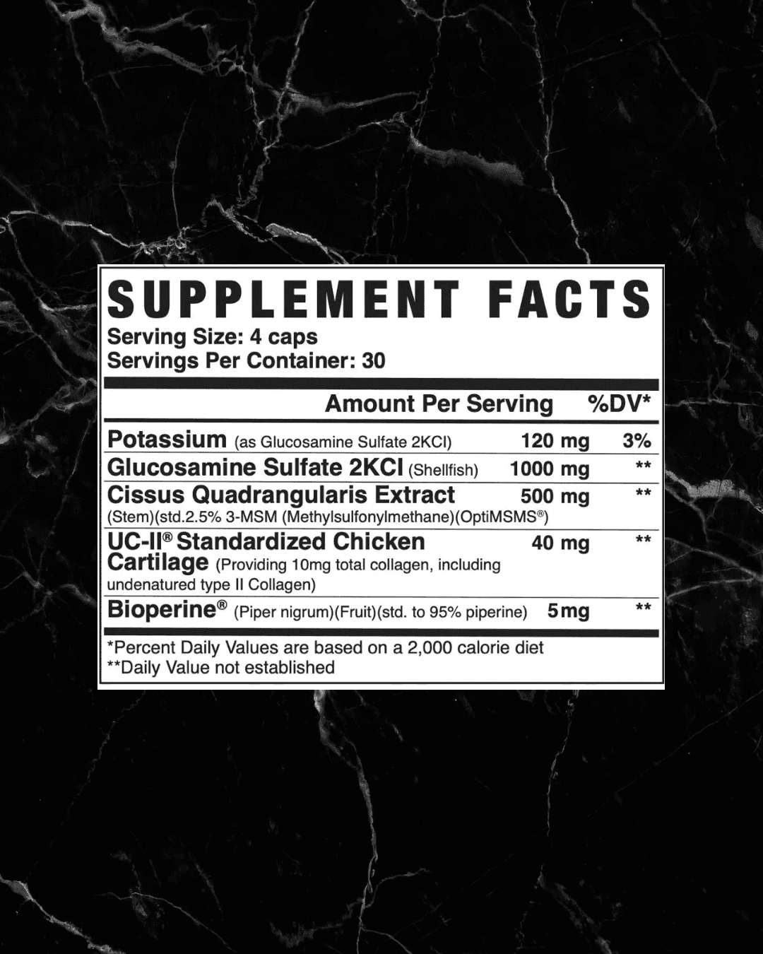 Supplement facts label of Axe & Sledge Joint+ showing ingredients like Glucosamine, OptiMSM®, UC-II® Collagen, and BioPerine® for joint repair and comfort.