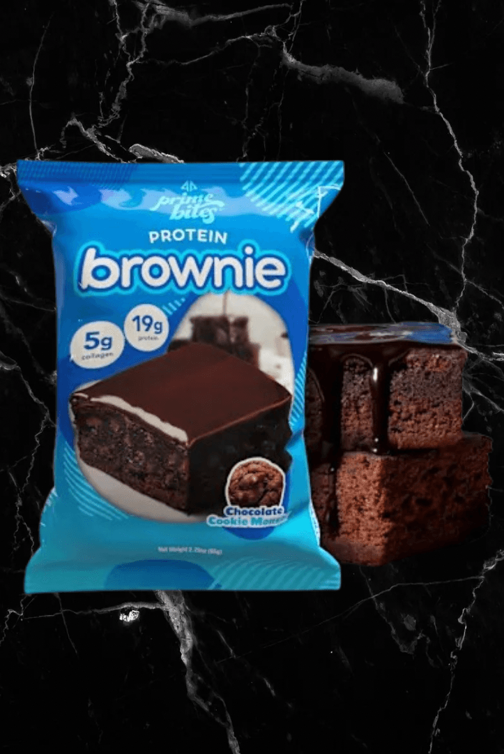 Alpha Prime Bites Chocolate Cookie Monster Protein Brownie featuring 19g protein and 5g collagen, perfect for high-protein snack lovers.