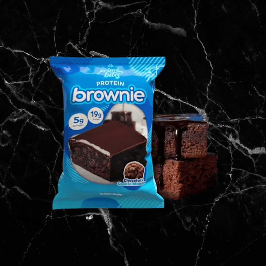 Alpha Prime Bites Chocolate Cookie Monster Protein Brownie featuring 19g protein and 5g collagen, perfect for high-protein snack lovers.