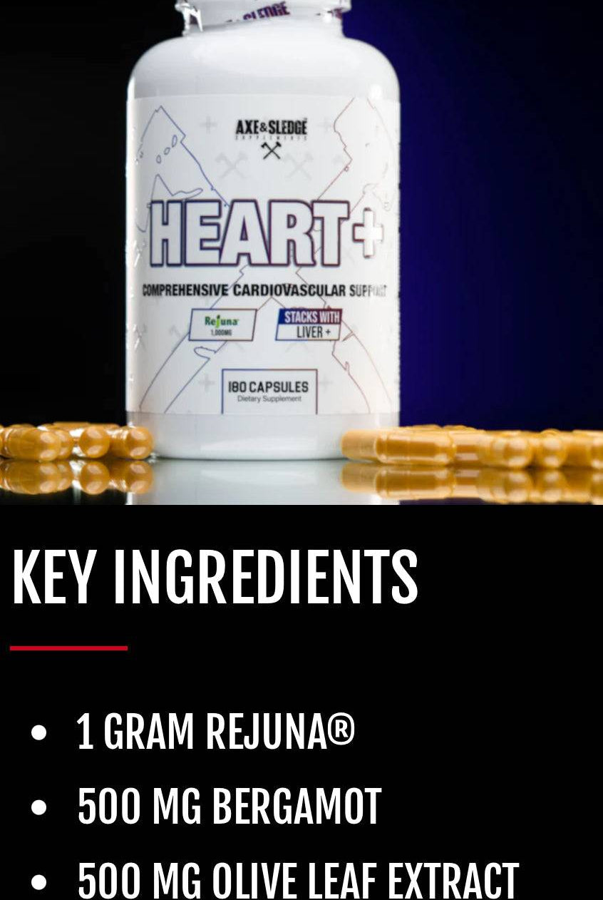 Axe & Sledge Heart+ supplement bottle with capsules and key ingredients like Rejuna®, Bergamot, Olive Leaf, Turmeric, and CoQ10 highlighted.