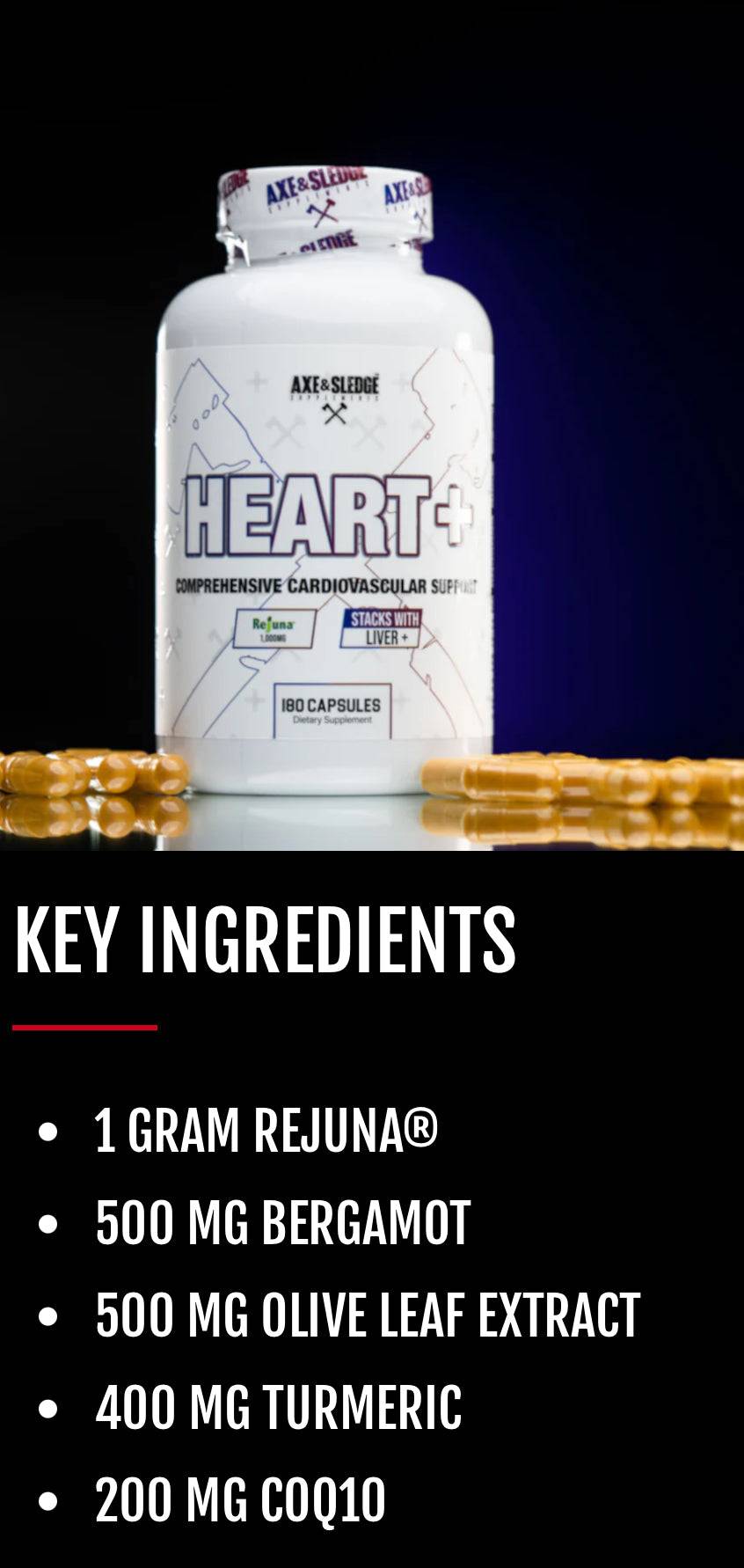 Axe & Sledge Heart+ supplement bottle with capsules and key ingredients like Rejuna®, Bergamot, Olive Leaf, Turmeric, and CoQ10 highlighted.
