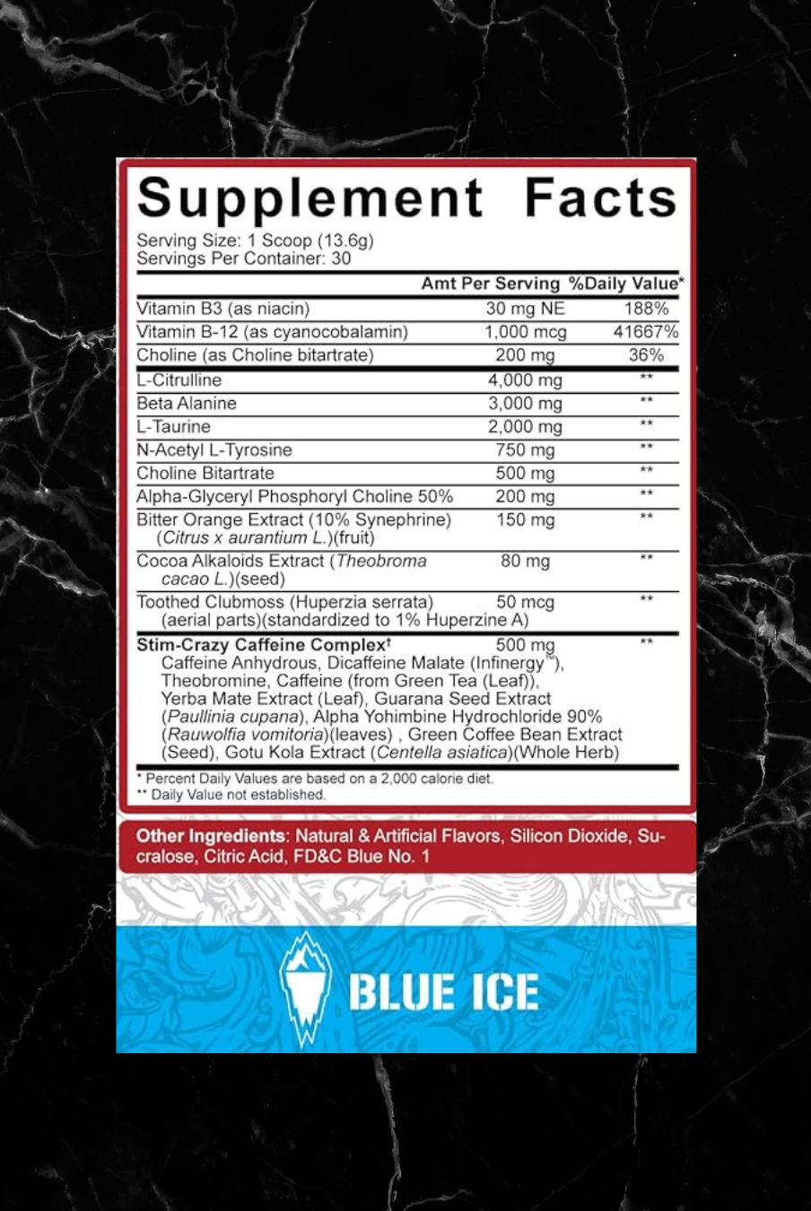 Supplement facts label for Rich Piana 5150 Pre-Workout Blue Ice flavor, detailing ingredients like L-Citrulline and caffeine complex.