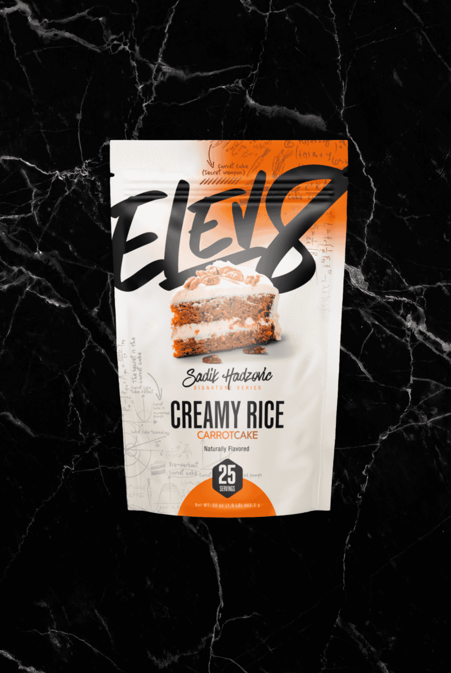 ELEV8 Creamy Rice Carrot Cake flavor with Sadik Hadzovic branding, a high-energy, digestible carb source for fitness nutrition.