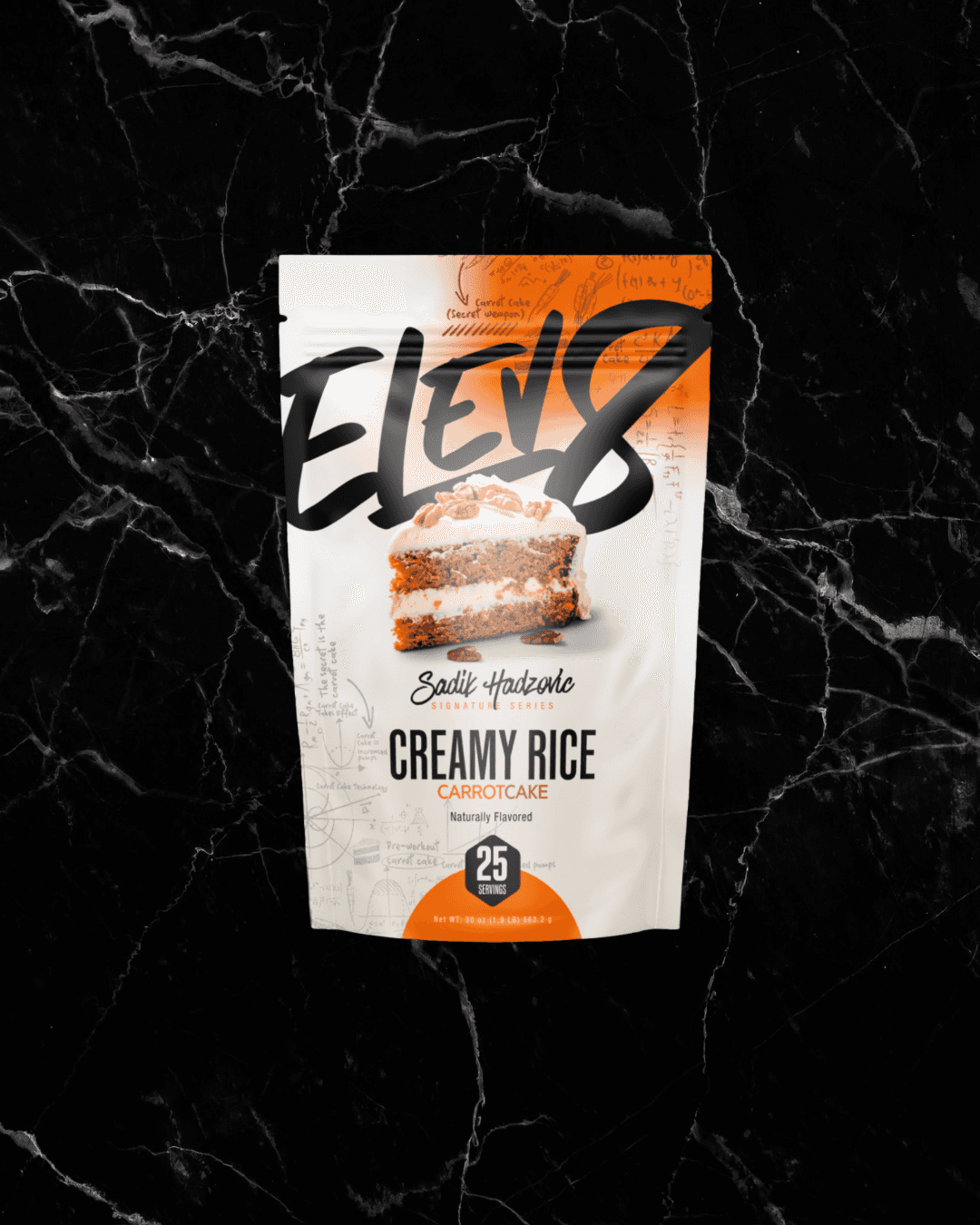 ELEV8 Creamy Rice Carrot Cake flavor with Sadik Hadzovic branding, a high-energy, digestible carb source for fitness nutrition.