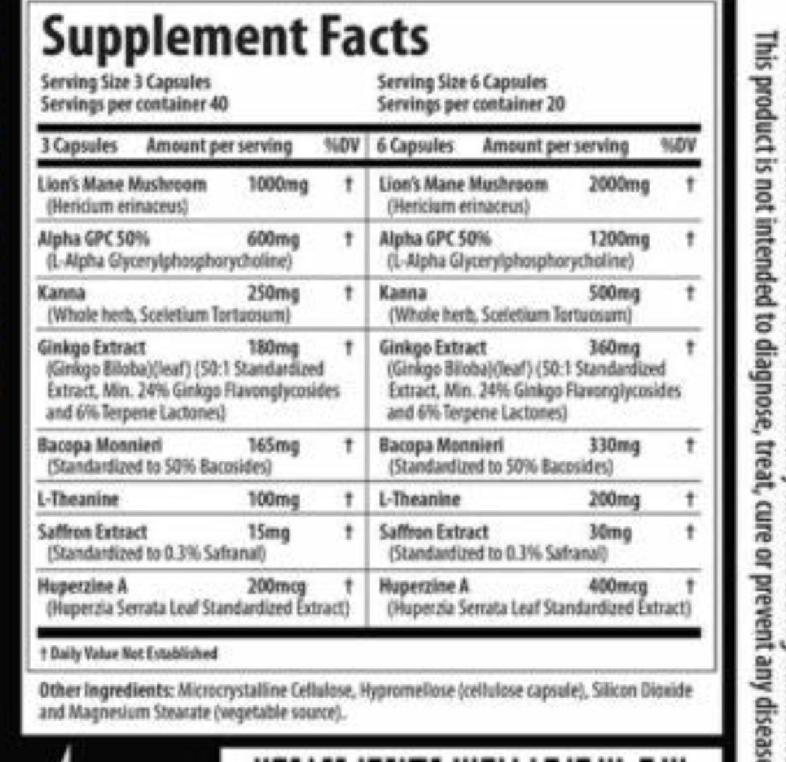Supplement facts label for Neurodrol Brain Capsules showing ingredients like Lion’s Mane, Alpha GPC, Ginkgo, and Bacopa for cognitive support.