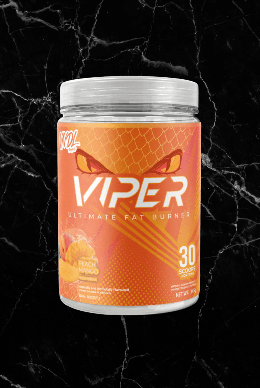 VNDL VIPER Peach Mango fat burner supplement featuring 30 scoops, supports calorie burning and energy with tropical flavor.