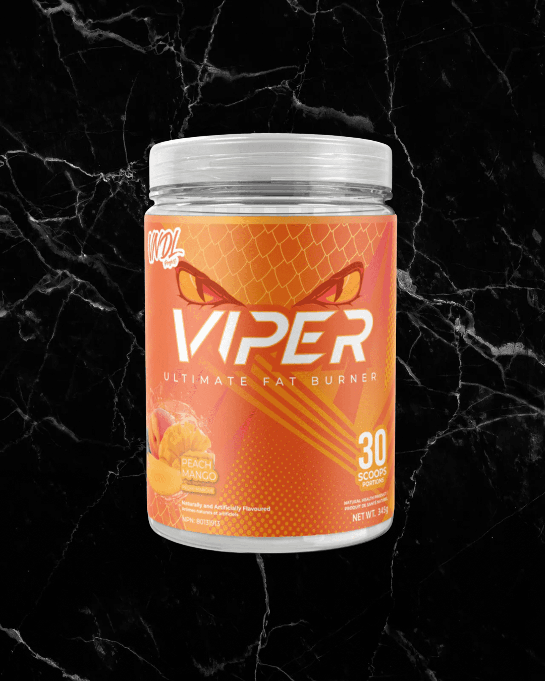 VNDL VIPER Peach Mango fat burner supplement featuring 30 scoops, supports calorie burning and energy with tropical flavor.