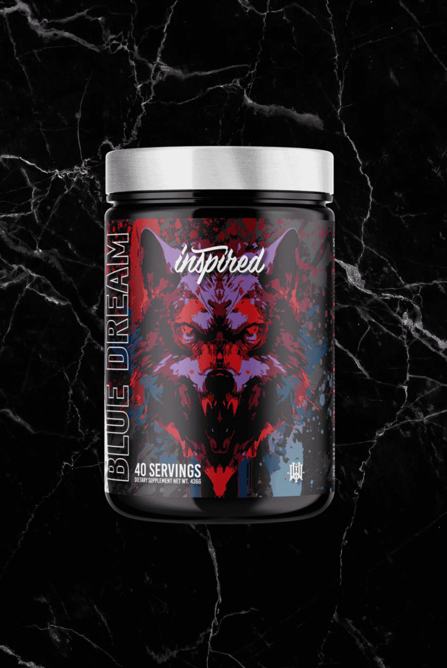 INSPIRED DVST8 Dark Pre Workout BLUE DREAM flavor featuring bold wolf design, 40 servings for high-performance fitness energy support.