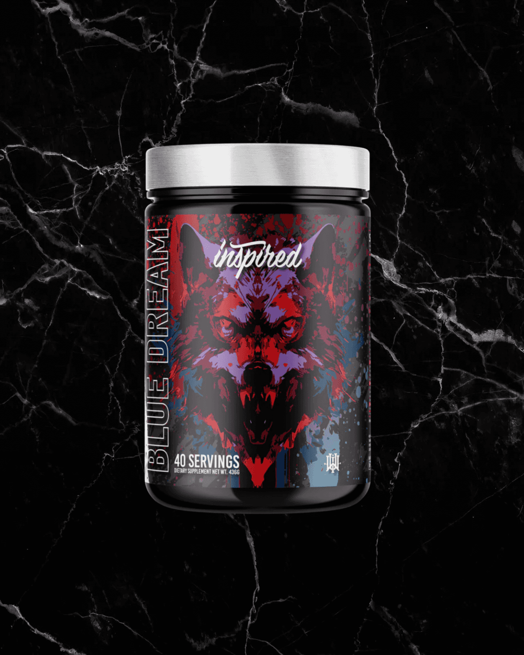 INSPIRED DVST8 Dark Pre Workout BLUE DREAM flavor featuring bold wolf design, 40 servings for high-performance fitness energy support.