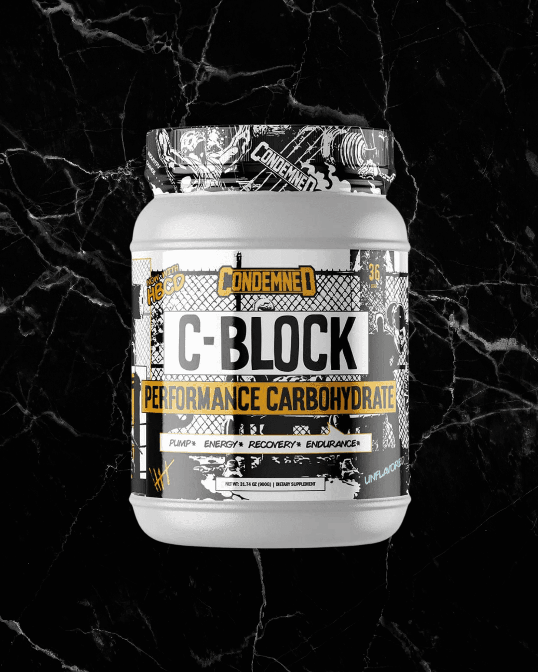 Condemned C Block carbohydrate supplement container with 25g of Cluster Dextrin per serving, designed to boost stamina and support endurance workouts.