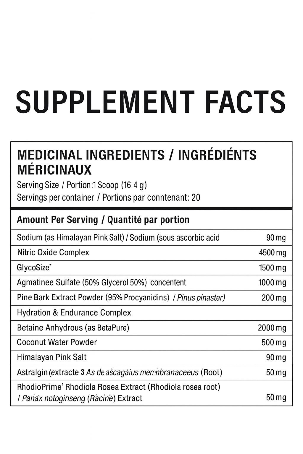 Supplement facts for Vandal Supplements V-Pump showing ingredients like Nitrosigine, GlycerSize, and herbal extracts for performance support.