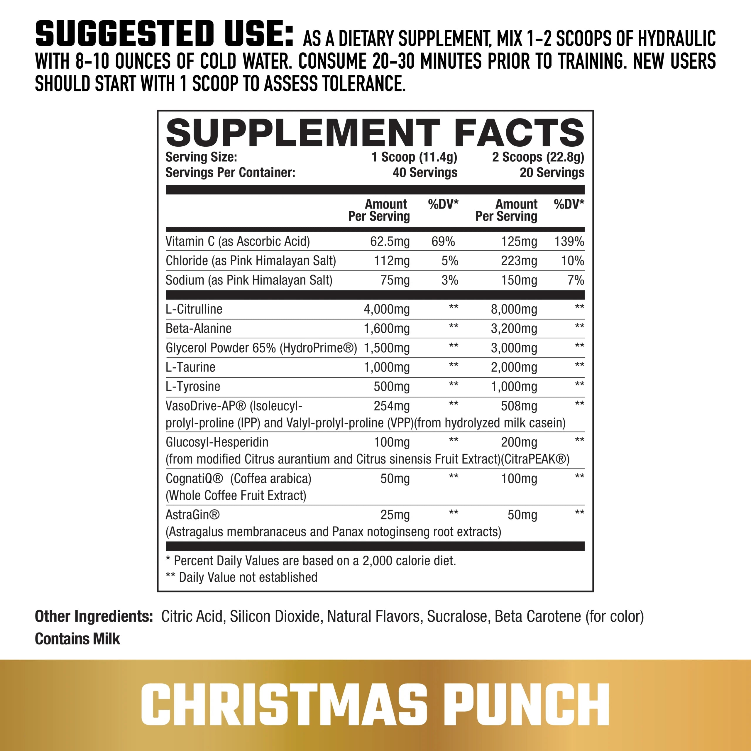 Axe Sledge Hydraulic V2 Christmas Punch pre-workout formula featuring Hydroprime, Cognatiq, and Astragin for optimal muscle pumps and endurance.