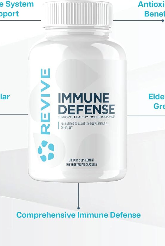 REVIVE Immune Defense Booster highlighting benefits such as immune system support, antioxidant properties, and cardiovascular health from herbal extracts.