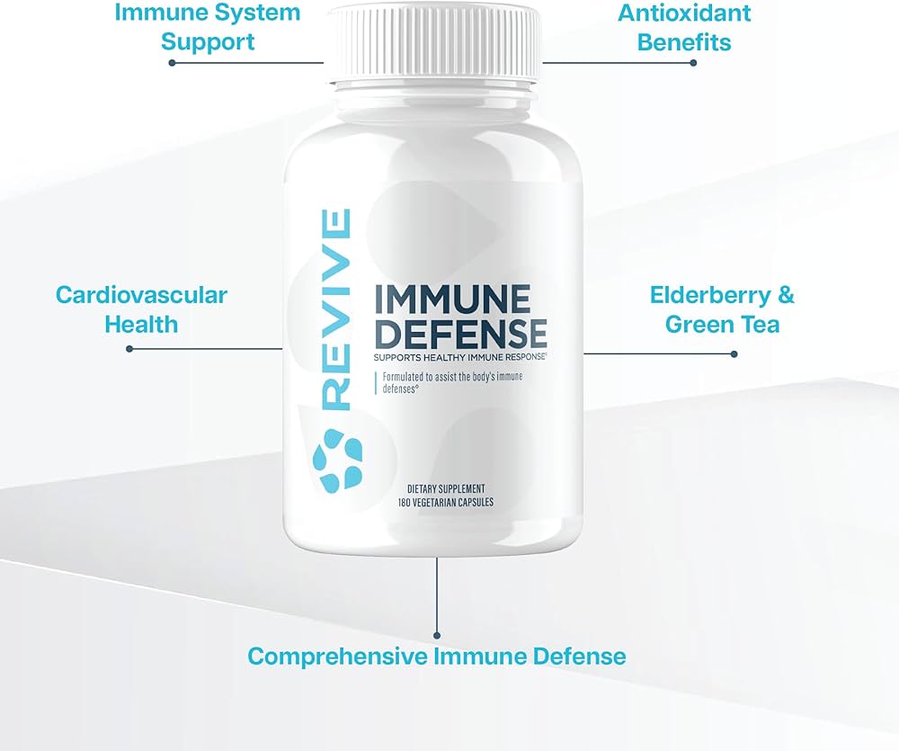 REVIVE Immune Defense Booster highlighting benefits such as immune system support, antioxidant properties, and cardiovascular health from herbal extracts.