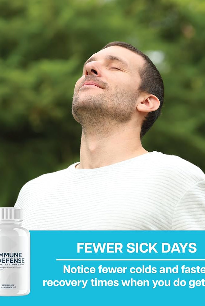 Man enjoying fresh air with REVIVE Immune Defense Booster bottle, promoting fewer sick days and faster recovery with natural immune-enhancing ingredients.