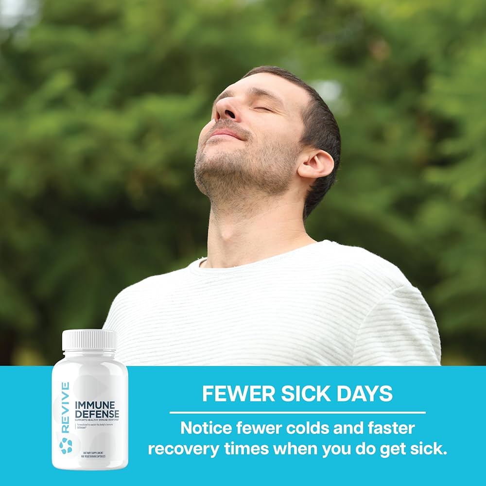 Man enjoying fresh air with REVIVE Immune Defense Booster bottle, promoting fewer sick days and faster recovery with natural immune-enhancing ingredients.