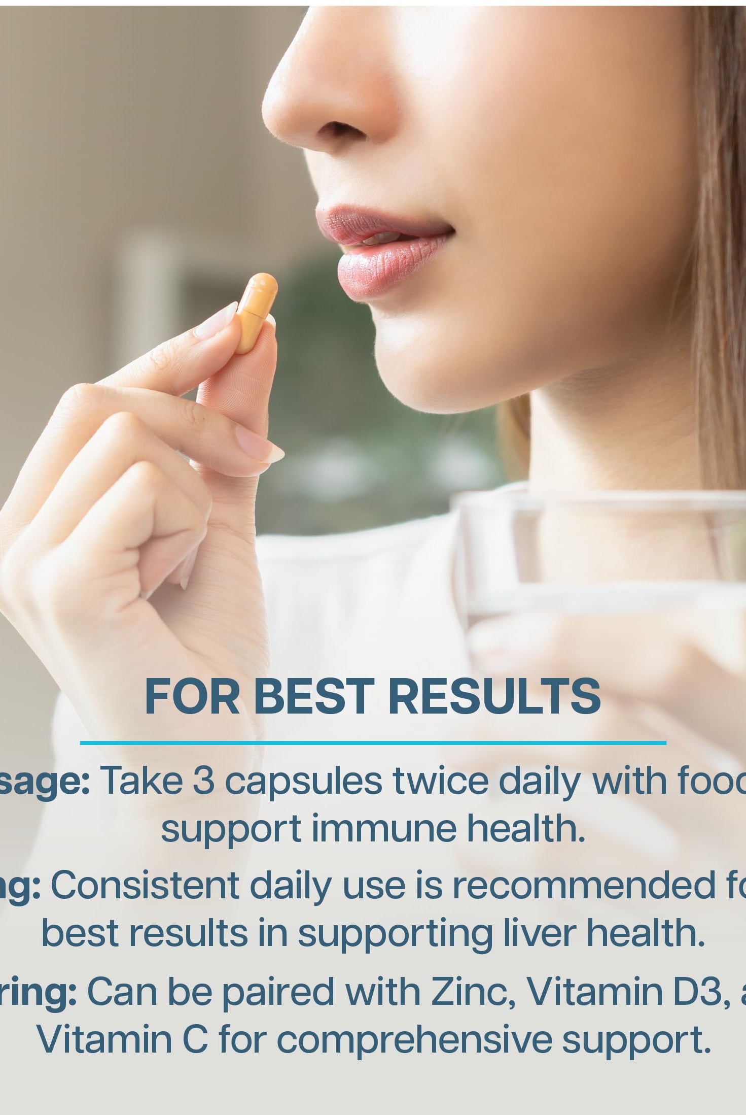 Woman taking REVIVE Immune Defense Booster capsule with water, showing dosage instructions and pairing suggestions for optimal immune support results.