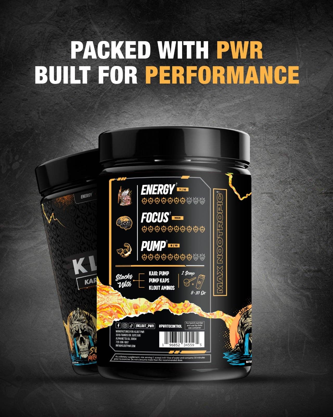 Back label of KLOUT KARMA Pre-Workout highlighting energy, focus, and pump benefits. Designed for performance with nootropic ingredients.